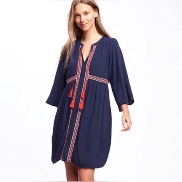 Old Navy Dresses & Skirts - Old Navy | Bohemian Embroidered Swing Dress w/ Tassels, Navy and Red | Small